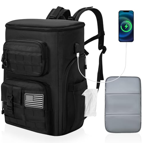 Dad Diaper Bag, Military Diaper Backpack, Large Baby Nappy Bag for Men with Diaper Changing Mat USB Charging Port Stroller Straps and Insulated Pocket