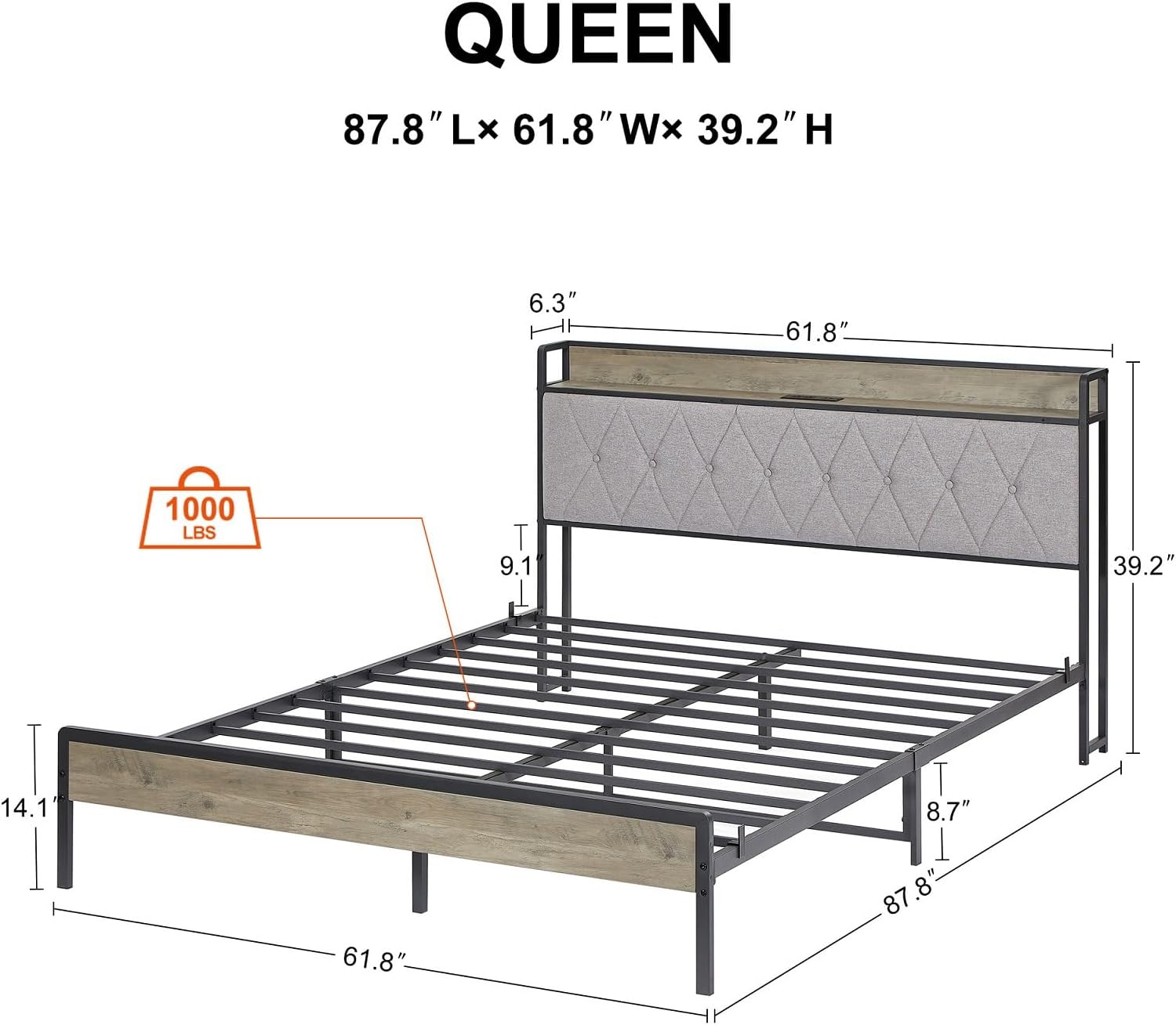 Queen Size Bed Frame with Headboard, Metal Platform Beds Frame with Charging Station, Solid and Stable, Noise Free, No Box Spring Needed, Easy Assembly