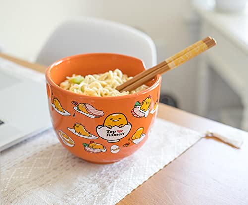 Silver Buffalo Sanrio Gudetama x Nissin Top Ramen Japanese Ceramic Dinnerware Set | Includes 20-Ounce Ramen Noodle Bowl and Wooden Chopsticks