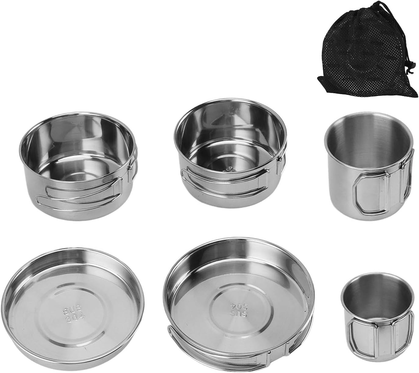 Stainless Steel Cookware Set,6PCS Portable Cookware Set Rapid Heating 304 Stainless Steel Efficient Easy to Cleanse Multifunctional Tableware