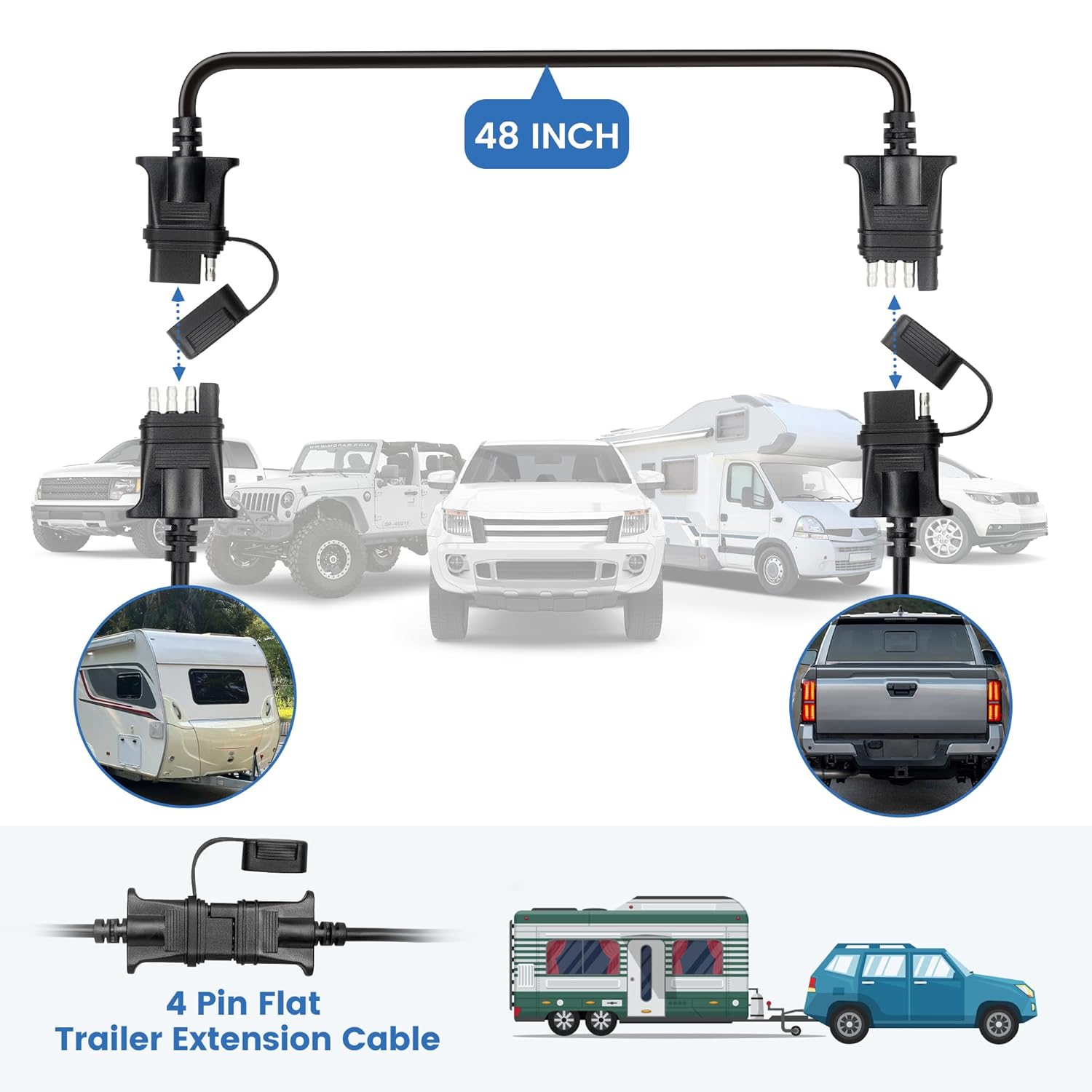 4FT Trailer 4 Pin Flat Wire Extension Cable, 18AWG 4 Way Trailer Wiring Conenctor Harness Vehicle-Side Trailer-Side 4 Prong Trailer Light Plug Trailer Hitch Wire Copper Jacket Cable Cord 48