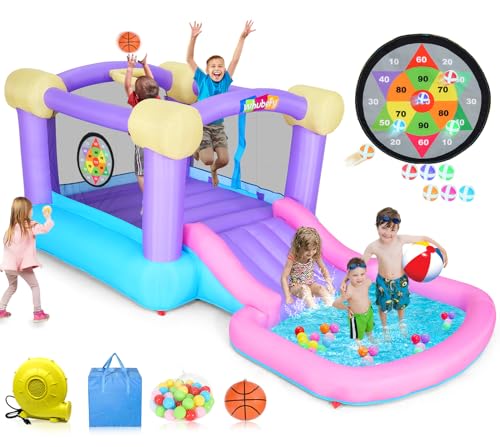 Pink Inflatable Bounce House for Kids 2-8 with Ball Pit & Slide, Indoor Jumpy Bouncy House w/440W Blower, 50 Ocean Balls, 6 Sticky Darts, Basketball, Toddler Bounce House Water Slide for Kids Backyard