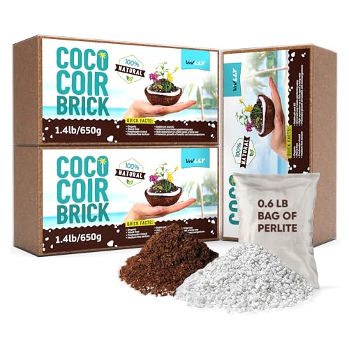 Compressed 3 Coco Coir Bricks for vibrant plants, low EC & pH, ideal for herbs & flowers. includes 1 Perlite bag (0.6 LB). High expansion, organic, 1.4 lbs each.