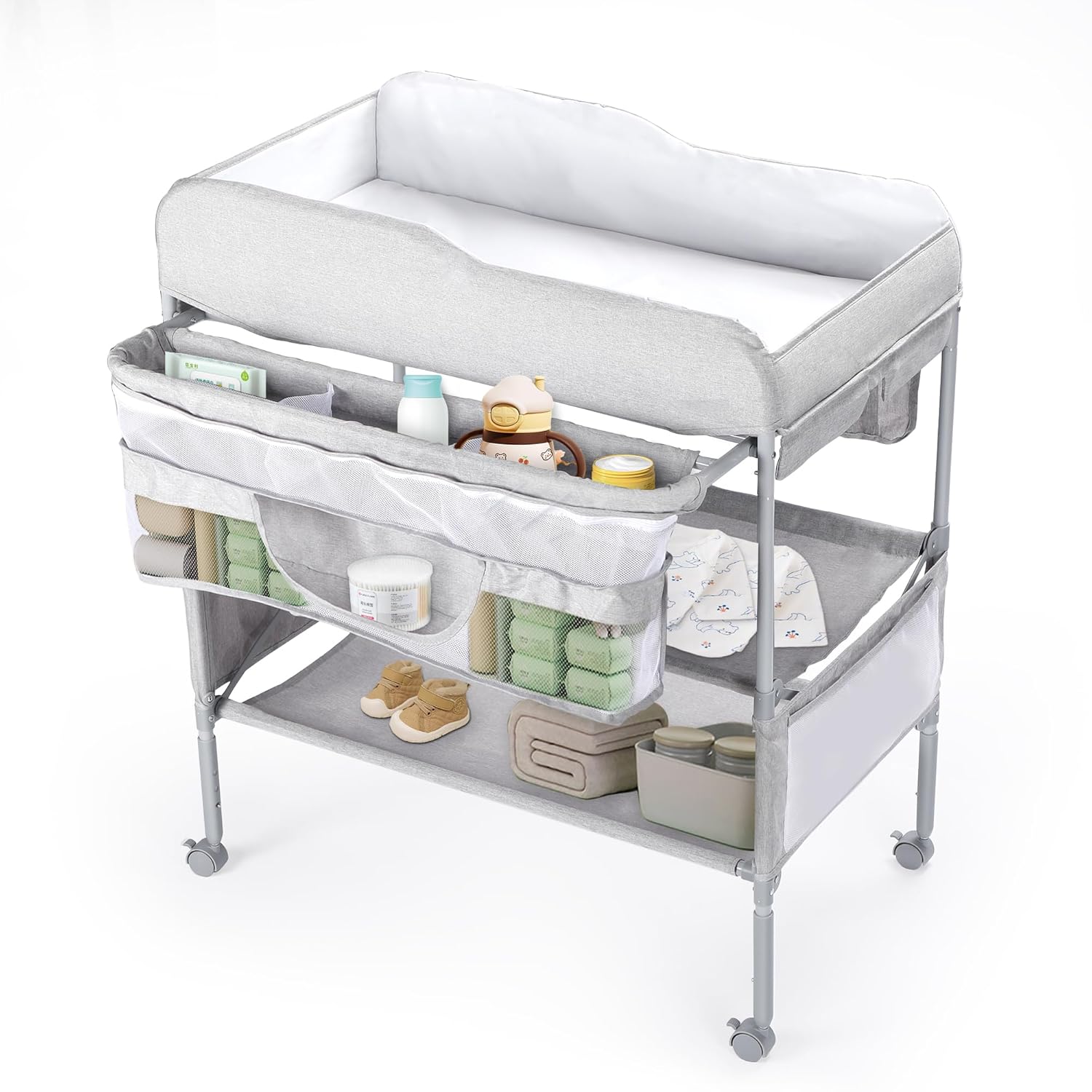 2 in 1 Baby Changing Table, Adjustable Height Waterproof Diaper Changing Station, Foldable Baby Changing Station with Large Storage, Mobile Nursery Organizer for Newborn/Infant Essentials