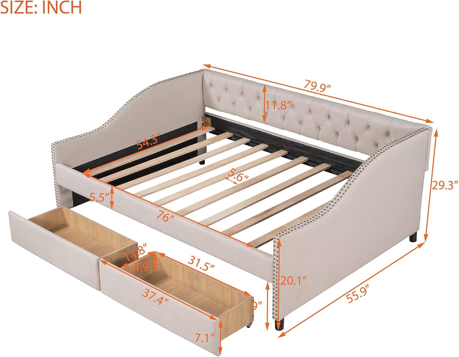Full Upholstered Daybed Frame with Storage Drawers, Full Size Sofa Bed for Bedroom Living Room Guest Room, Wood Slat Support, Beige