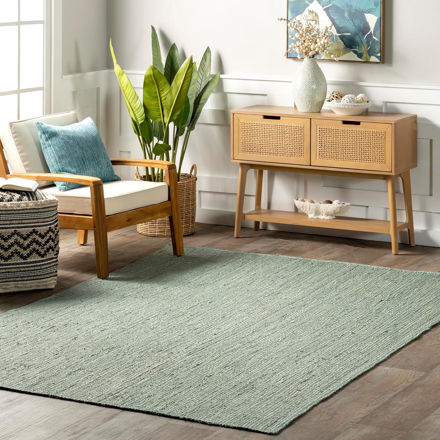 nuLOOM 8x10 Rigo Jute Hand Woven Area Rug, Green, Solid Farmhouse Design, Natural Fiber, For Bedroom, Living Room, Dining Room, Hallway, Office, Kitchen, Entryway