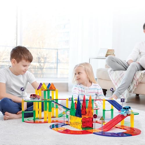 PicassoTiles 80 Piece Race Car Track Building Block Educational Toy Set Magnetic Tiles Magnet DIY Playset 2 Light Up Car STEM Learning Construction Kit Hand-Eye Coordination Fine Motor Skill Training