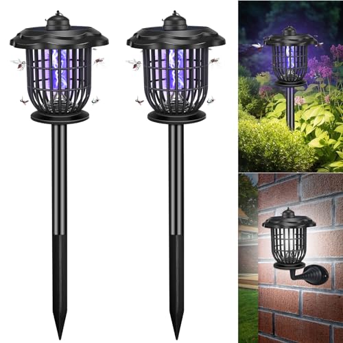 2 Pack Solar Bug Zapper Outdoor Waterproof Solar Powered & Rechargeable Mosquito Zapper Outdoor Led/UV Mosquito Killer Fly Zapper Lighting Lamp Stake Landscape Fixture for Garden Patio