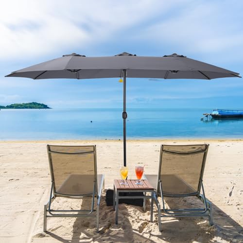 15ft Patio Umbrellas, Outdoor Market Extra Large Umbrella with Base, Rectangle Long Double-Sided Umbrella for Yard Lawn Garden,Grey