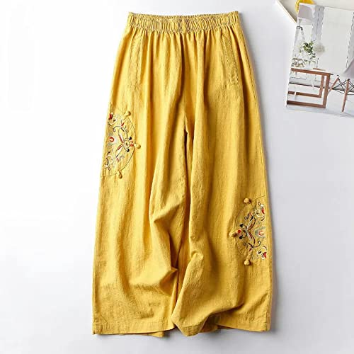 Womens Linen Blend Summer Comfy Palazzo Pants Elastic Waist Wide Leg Slim Fit Pants Travel