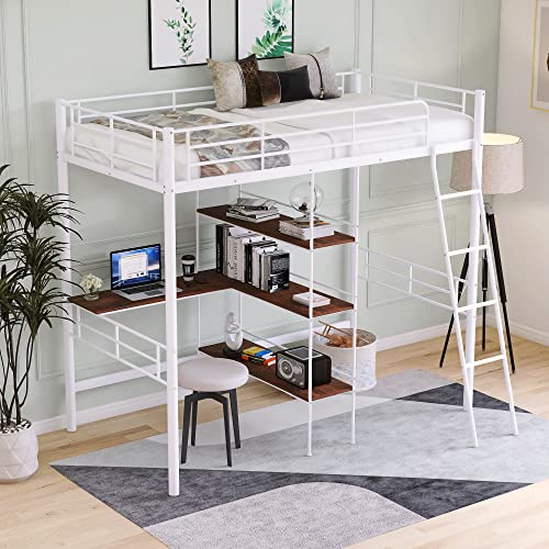 Merax Twin Size Metal&Wood Loft Bed with Desk and Shelves, Two Built-in Drawers, White