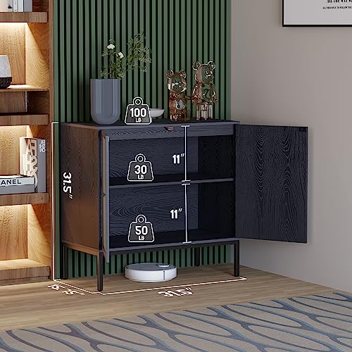 Yechen Storage Cabinet with 2 Handmade Natural Rattan Doors, Console Table Sideboard Cabinet Buffet Cabinet Rattan Cabinet, for Living Room, Dining Room, Entryway, Kitchen, Black, Oval doors