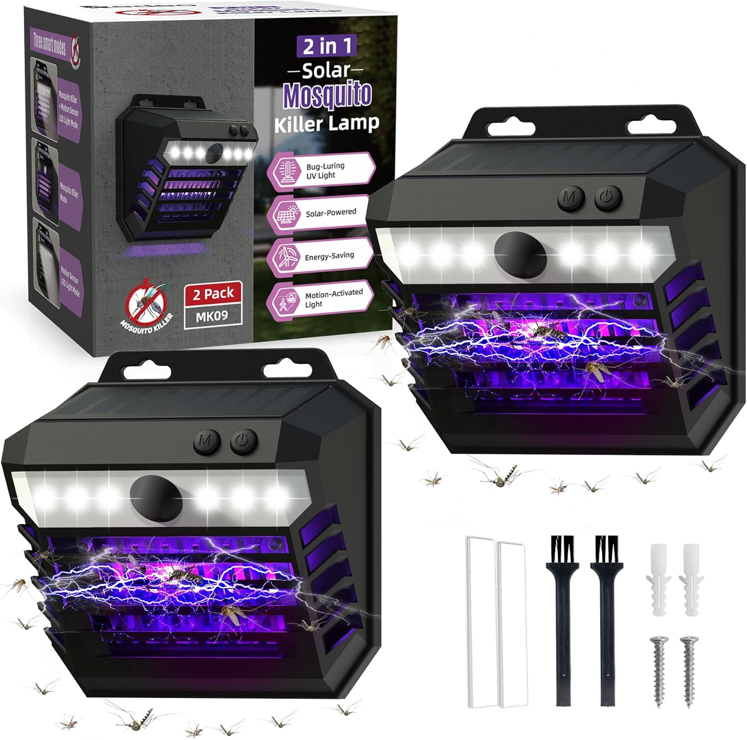 Solar Bug Zapper Outdoor, Mosquito Zapper Killer Lamp Solar Powered, 2 Pack 2-in-1 Rechargeable Fly Zapper Outdoor with Security Lights Motion Sensor Light