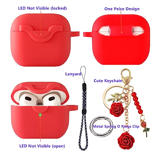 Secure Lock Case for Airpods 3 Case with Cute Flowers Keychain Lanyard,Silicone Protective Case Cover for Airpods 3rd Generation Case Women Girls for Apple iPod 3rd Charging Case 2021 (Blue)