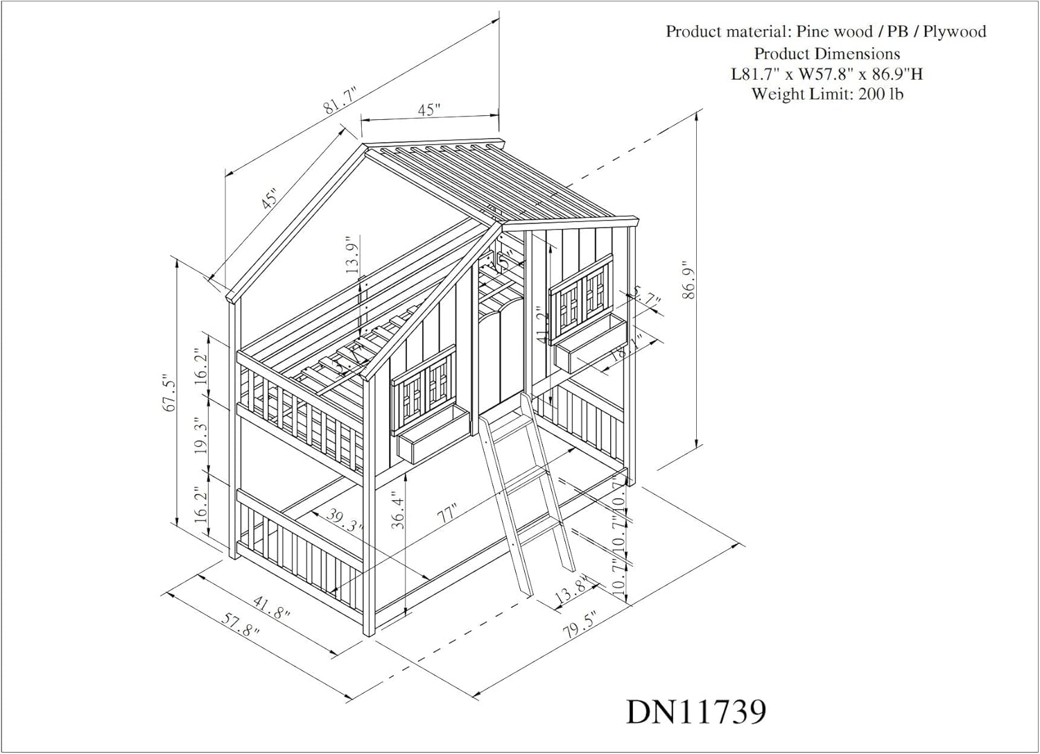 Twin Over Twin House Bunk Bed with Exclusive House Features- Roof, Window, Window Box, Door, White - Fitted with Safety Guardrails and Comfortable Ladder