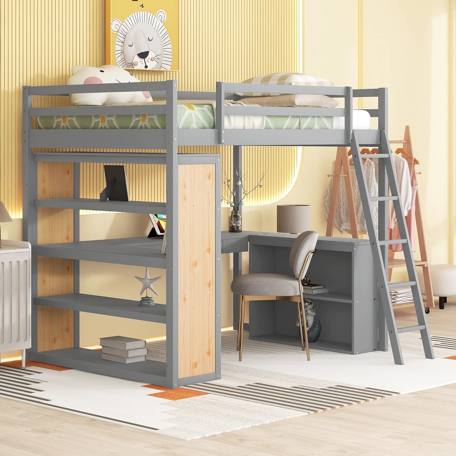 Full Size Loft Bed with Desk, Storage Shelves, Drawer and Convertible Ladder, Wooden High Loftbed Frame, for Kids Teens Adults Bedroom, Gray