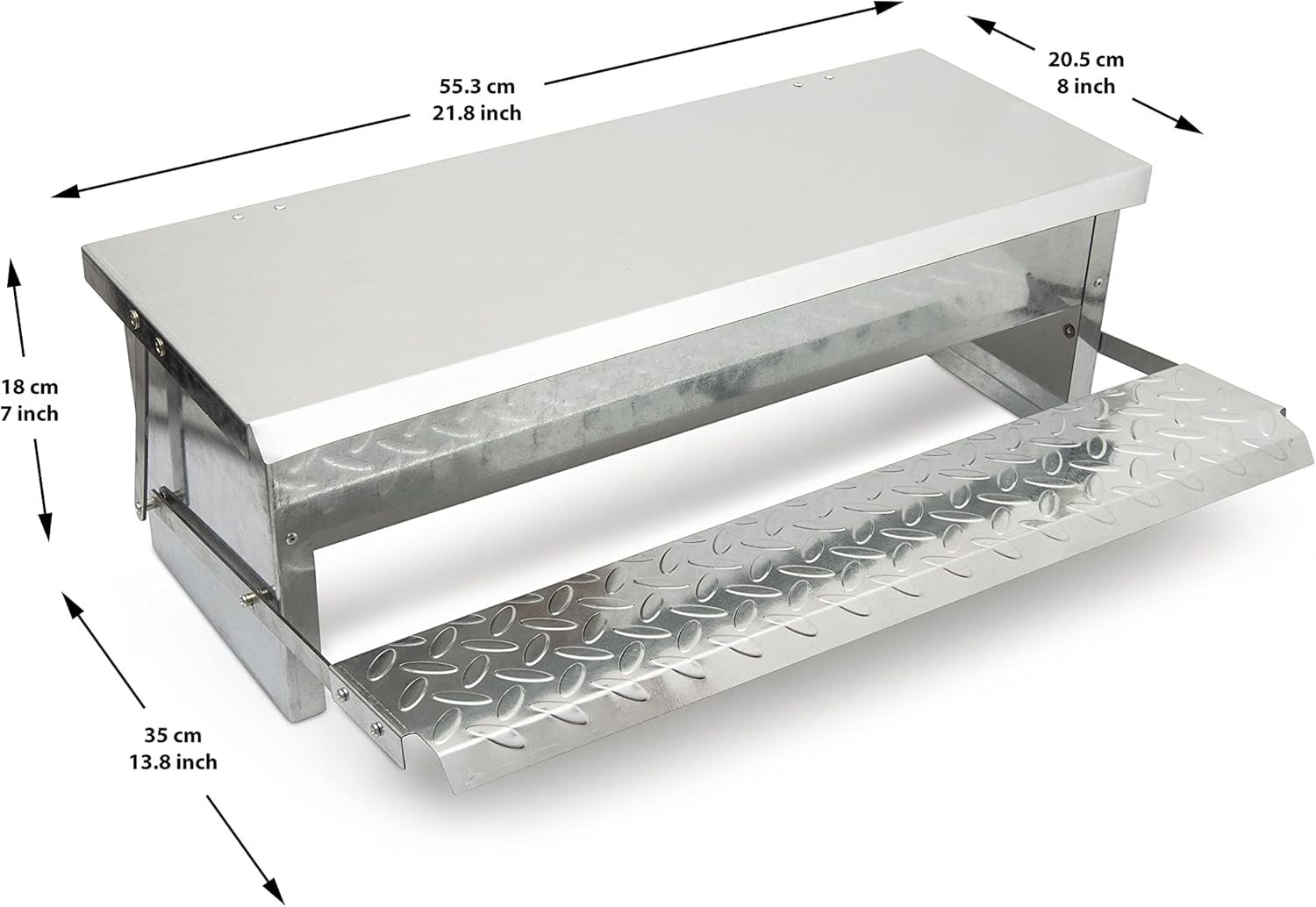 Automatic Chicken Feeder Treadle - Self-Opening Galvanized Steel Trough - Sturdy Weatherproof Poultry Feeders - Holds up to 11 lb of Feed - includes Grain Scoop