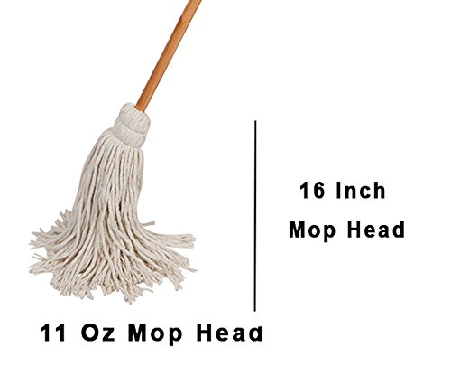 Large Wet Deck Cotton Mop with Solid Wood Handle (11 Oz, White)