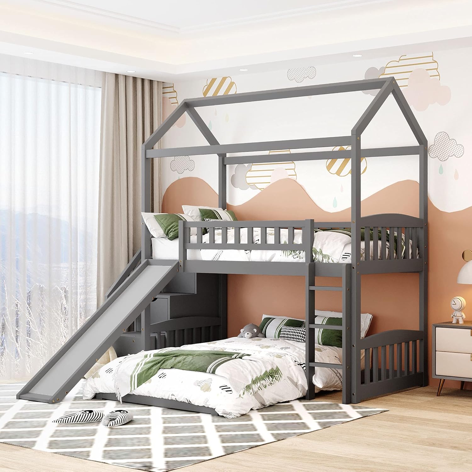 Loft Bed Twin with Two Drawers and Slide, House Bed with Slide, Twin Loft Bed Frame No Box Spring Needed，Gray