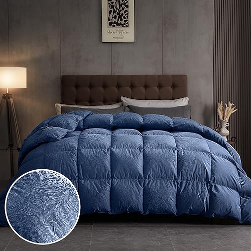 Goose Feather and Down Comforter King Size, All Season Medium Warmth Luxury Duvet Insert, Jacquard Paisley Design, 100% Cotton Shell with 8 Corner Tabs (106x90'', White)