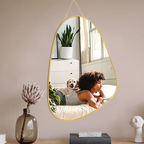 Irregular Brass Framed Wall Mirror, 25x14 inch Gold Asymmetrical Wall Mounted Decorative Vanity Mirror with Hanging Chain for Living Room, Bedroom, Bathroom, Entryway