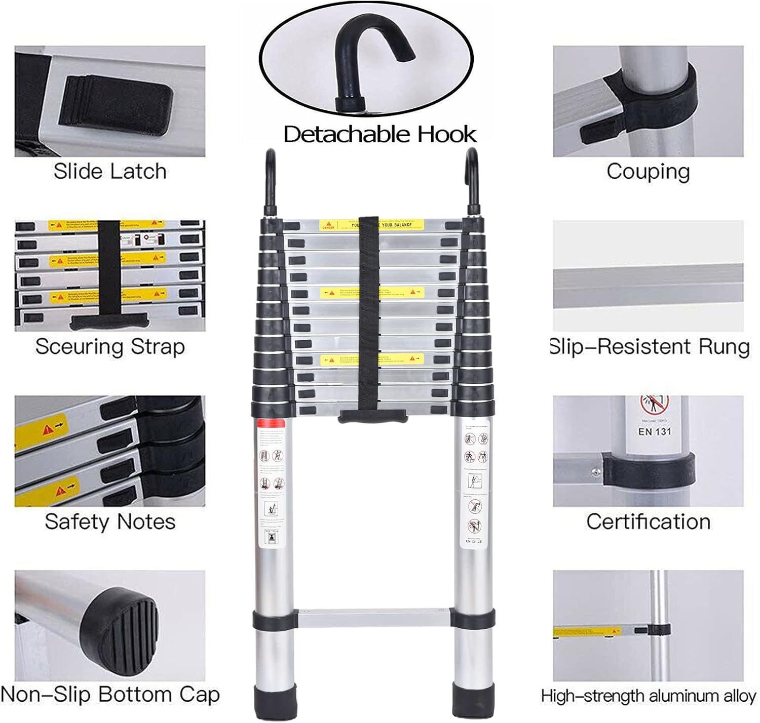 Aluminum Telescoping Ladder 16ft Extension Ladder with 2 Detachable Roof Hooks Folding Ladder Multi-Purpose Compact Telescopic Ladder 330lb Load Capacity Heavy Duty Portable Loft Ladder for Home attic