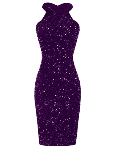 GRACE KARIN Sequin Dress for Women Sleeveless Sparkly Glitter Halter Dress Bodycon Mini Club Dresses 2024