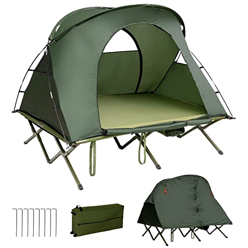 Tangkula 2-Person Tent Cot, 4-in-1 Folding Tent with Waterproof Rainfly, Self-Inflating Mattress & Roller Carrying Bag, Portable Off Ground Elevated Tent with Shoe Storage Pocket & Lamp Hook