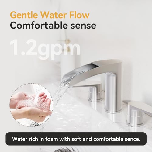 Phiestina Waterfall Brushed Nickel Bathroom Faucet, Widespread 3 Hole 8 Inch Vanity Sink Faucet, with Pop Up Drain and Water Supply Line, NS-WF005-BN