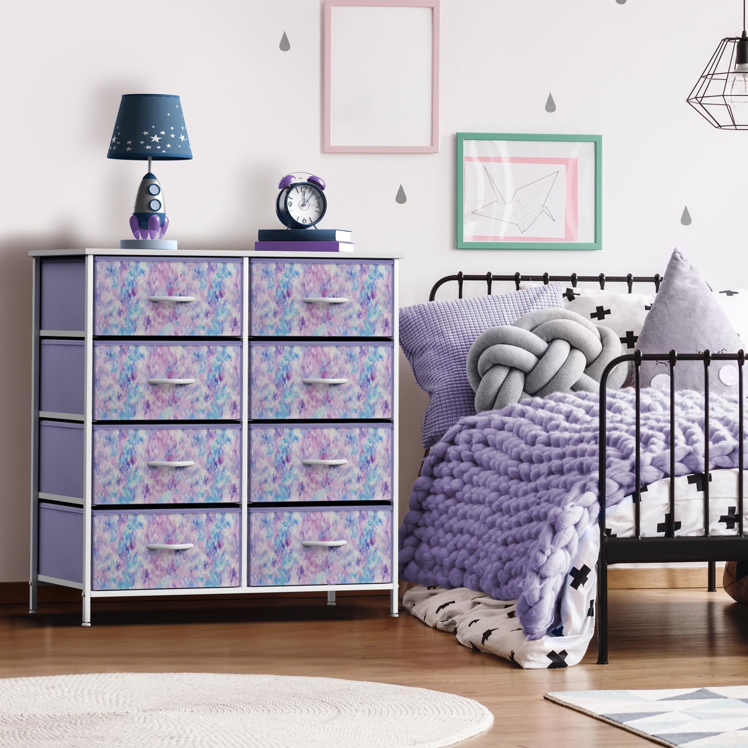 Sorbus Kids Dresser with 8 Drawers and 3 Drawer Nightstand Bundle - Matching Furniture Set - Storage Unit Organizer Chests for Clothing - Bedroom, Kids Rooms, Nursery, & Closet (Tie Dye)