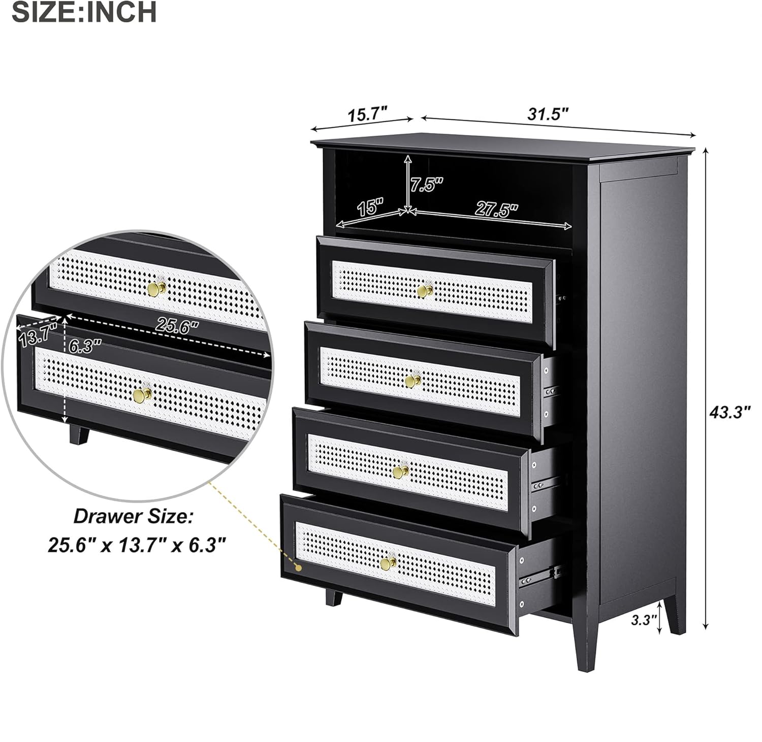 Retro Style Chest of Drawers with Rattan Panels, 4 Drawer Dresser with Gold Metal Handles, Vintage Design Cabinet with Great Storage Space for Living Rooms, Bedrooms, Black
