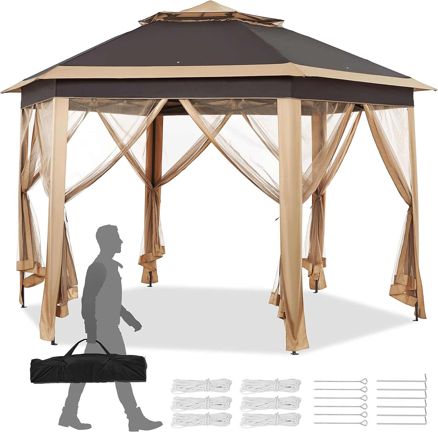 Topeakmart Hexagonal Pop Up Canopy Outdoor Garden Canopy Patio Canopy Gazebo 2-Tier Roof Event Tent with Netting - Khaki/Brown