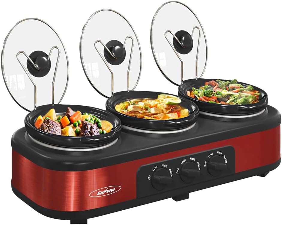 Triple Slow Cooker, 3 x 1.5 Quart Cooker Buffet Server and Food Warmer Electric Red Triple Slow Cookers Adjustable Temp Lid Rests Stainless Steel Manual, Total 4.5 QT