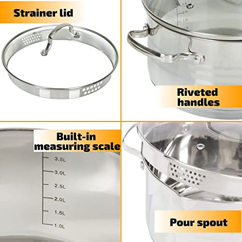 Daniks Tokio Stainless Steel Stock Pot with Glass Lid | Induction 4.5 Quart | Pasta Pot with Strainer Insert | Dishwasher Safe Pot | Measuring Scale | Soup Pasta Stew Pot | Silver