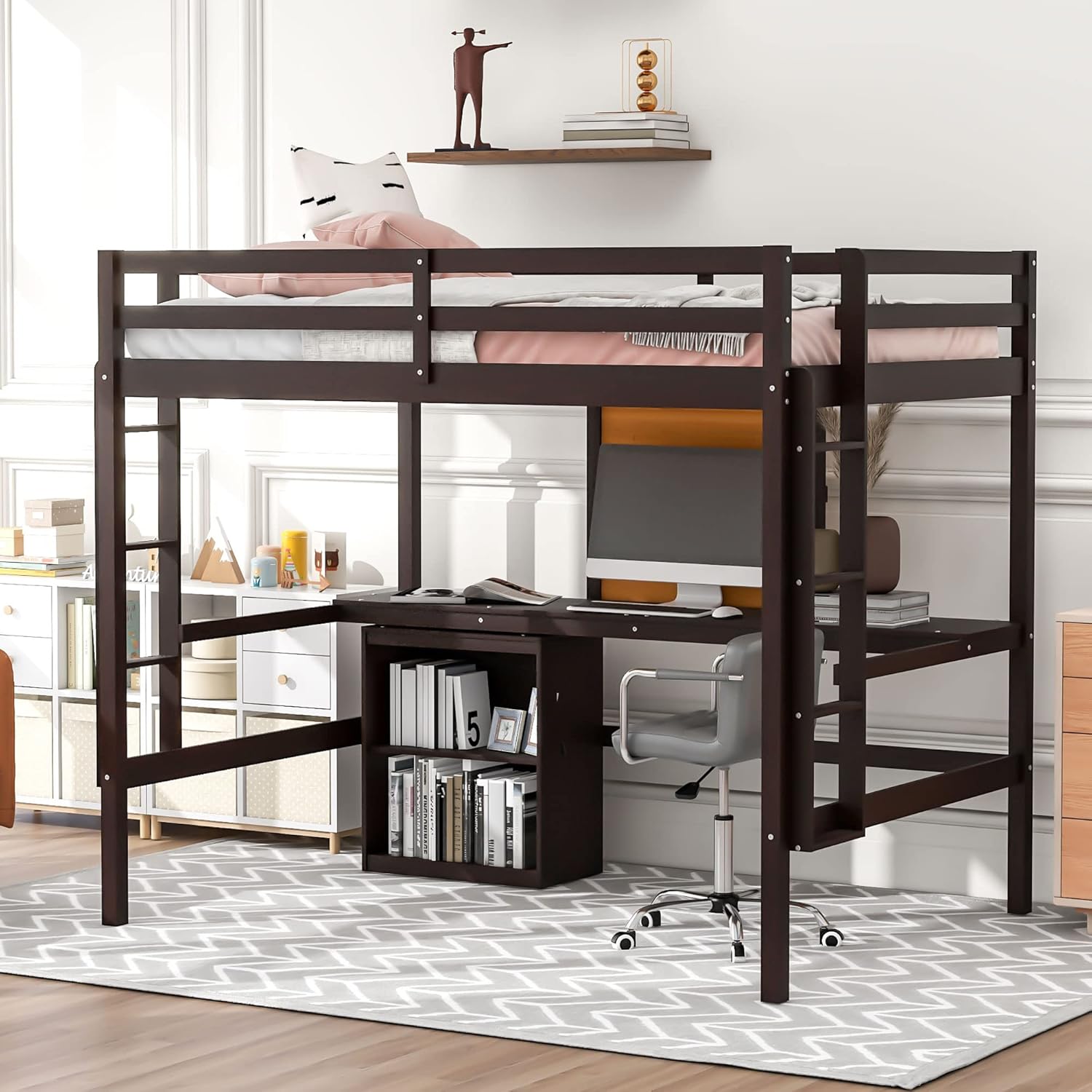 Full size Loft Bed with Desk and Writing Board, Wooden Bed Frame with Portable 2 Drawers Cabinet for Kids Teens Adult, Espresso