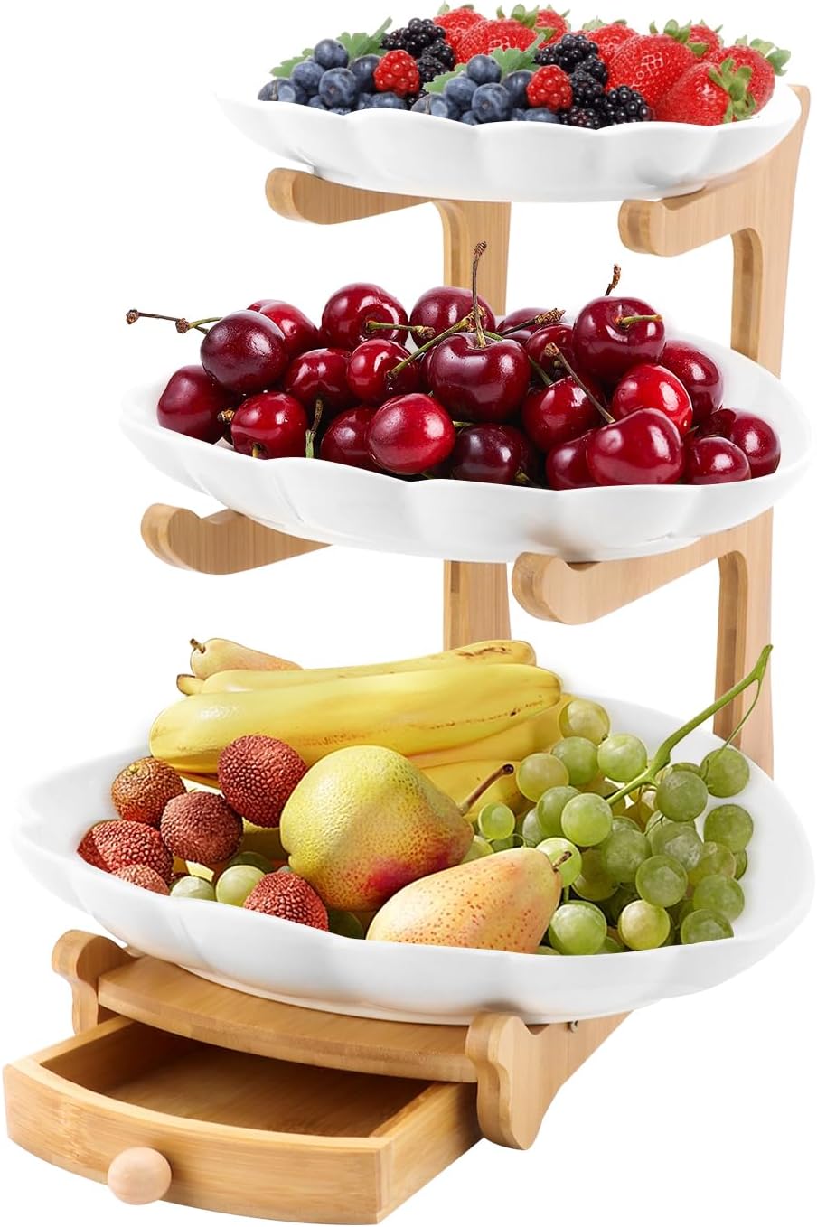 BreeRainz Upgrade 3 Tier Ceramic Fruit Bowl for Kitchen Counter with Drawer, Sea Shell Decorative Bowl, Modern Fruit Stand w/Bamboo Stand for Dessert Snack Fruit and Vegetable Storage