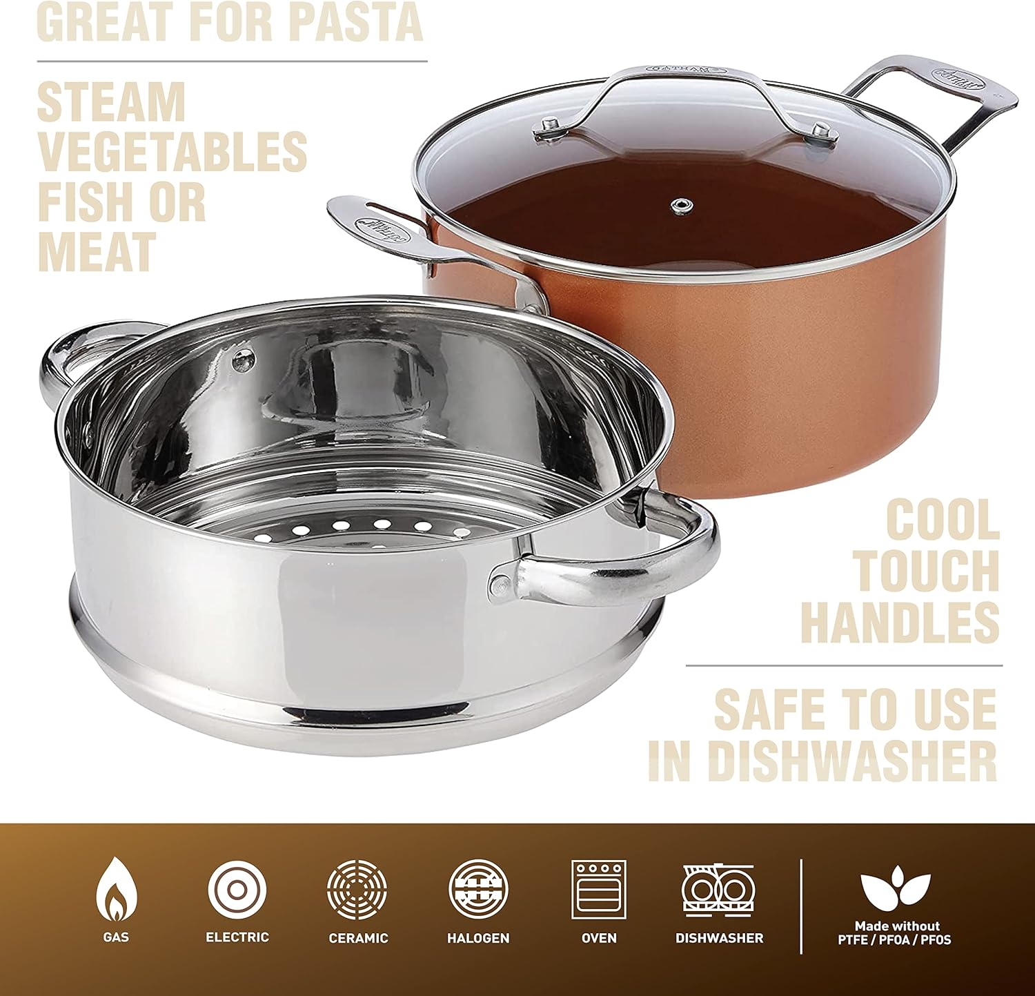 Gotham Steel 10-Piece Kitchen Set with Non-Stick Ti-Cerama Coating by Chef Daniel Green - Includes Skillets, Fry Pans, Stock Pots and Steamer Insert – Copper