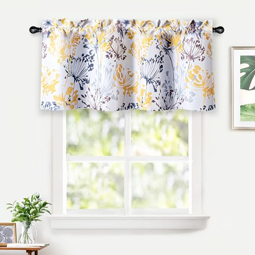 DriftAway Acacia Floral Blossom Watercolor Printed 100 Percent Blackout Thermal Insulated Window Curtain Valance Rod Pocket Single 52 Inch by 18 Inch Plus 2 Inch Header Navy