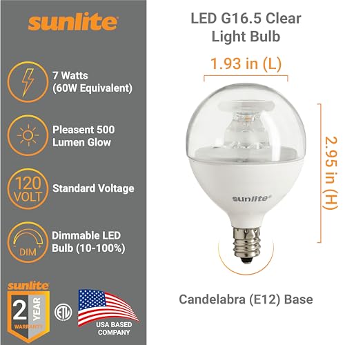 Sunlite G16.5 Light Bulb LED, 7 Watts (60W Equiv.), 500 Lumens, Dimmable, Type G Globe Shape E12 Candelabra Base, Short Bulbs, Vanity Mirror Bulbs, Energy Star, 2700K Soft White, Frosted, 6 Count