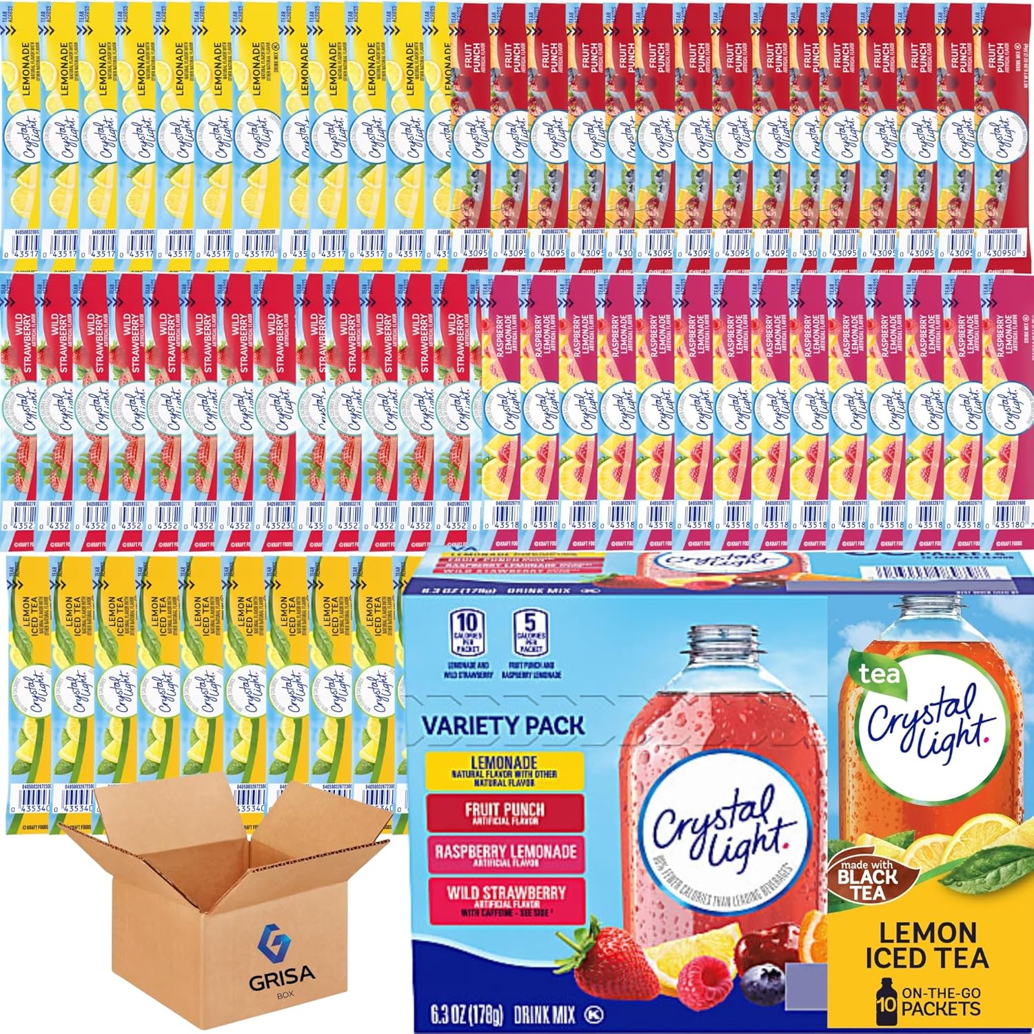 Crystal Light Variety Pack 70 Flavored Drink Mix Packets in Lemonade, Fruit Punch, Raspberry, Wild Strawberry and Crystal Light Lemon Iced Tea Powdered Drink Mix Flavors On The Go Packets, Sugar-Free Hydration Anytime, Anywhere! GrisaBox Stickers