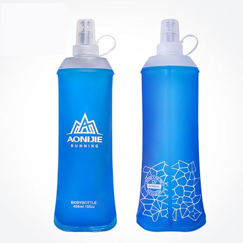 AONIJIE 2Pcs 450ml Folding Soft Water Bottle with Dust Cover Portable TPU Soft Water Bottle for Outdoor Marathon Running (2pcs 450ml blue)