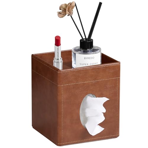Tissue Box Cover, PU Leather Square Tissue Box Holder with Storage Tray for Bathroom Vanity Countertop Night Stands Bedroom Office Desk, Stylish Tissue Holder Decorative Organizer (Cream)