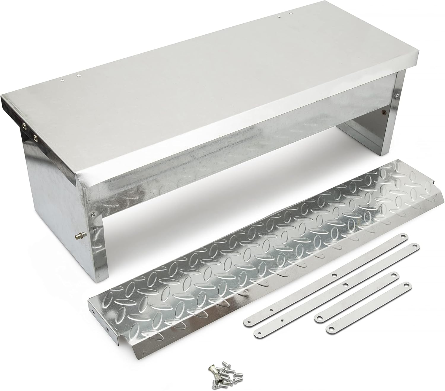 Automatic Chicken Feeder Treadle - Self-Opening Galvanized Steel Trough - Sturdy Weatherproof Poultry Feeders - Holds up to 11 lb of Feed - includes Grain Scoop