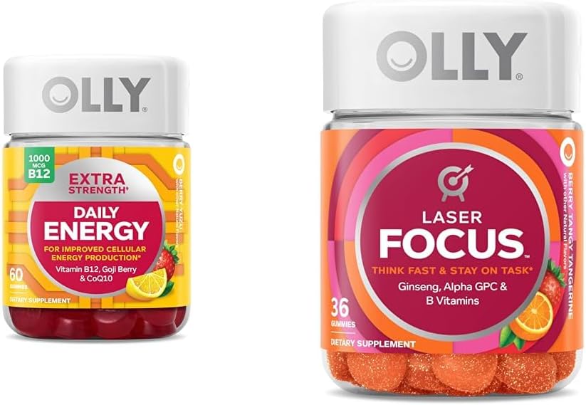 OLLY Extra Strength Daily Energy Gummy with Vitamin B12, CoQ10, Goji Berry, 60 Count & Laser Focus Gummy with Ginseng, Alpha GPC, 36 Count