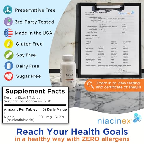 Niacin 500mg Extended Time Release Tablets Minimal to No-Flush, Vitamin B3 Supplement - Cholesterol Balance, Nicotinic Acid - Vegan, cGMP, made in The USA (1 Pack)