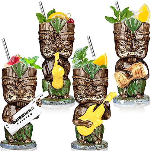 Tiki Glasses Mugs for Cocktails Hawaiian Tiki Mugs 13oz Set of 4 Ceramic Tropical Party Drink Cups Tiki Glass Bar Decor Vintage Music Band Glasses Drinking Cup Decorations Drinkware