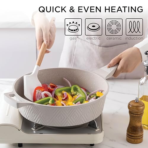 Country Kitchen Nonstick Induction Cookware Sets - 11 Piece Cast Aluminum Pots and Pans with BAKELITE Handles And Glass Lids (Cream)