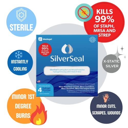 SilverSeal Burn and Wound Dressing | Hydrogel Pads with X-Static Silver | Soothing, Moist & Protective | Burns, Cuts & Wounds | 4 Sterile Dressings