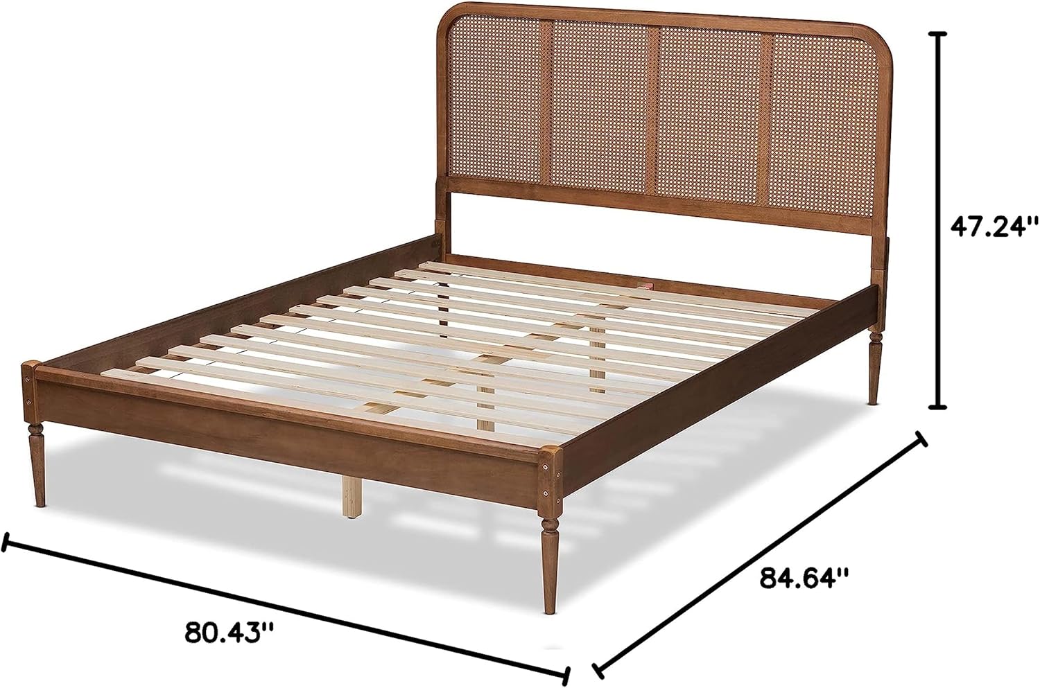 Baxton Studio Elston Mid-Century Modern Walnut Brown Finished Wood and Synthetic Rattan King Size Platform Bed