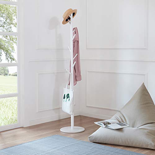 Vicllax Free Standing Coat Rack 8 Hooks Wood Clothes Hanger Stand Coat Tree (White)